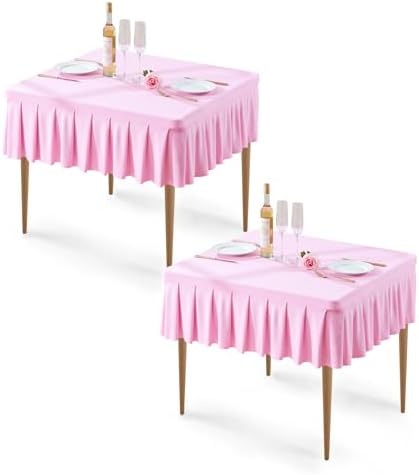 Wish Care 2 Pack Pink Spandex Tablecloths for 34x34 Inch Square Tables, Stretch Fitted Table Clothes with Pleated Ruffle Skirt for 34” Table, Wrinkle Free and Elastic, for Party Kitchen Home Dining by WishCare
