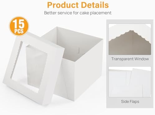 Kootek 15 Pack Cake Boxes 12 inch, 12x12x8 Tall Cake Box with Clear Window - Image 3