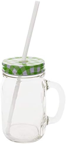 Sunshine Mason Co. Glass Mason Jar Drinking Mug set with handle, Green Gingham lids and White Straws, Set of 6 - Image 2