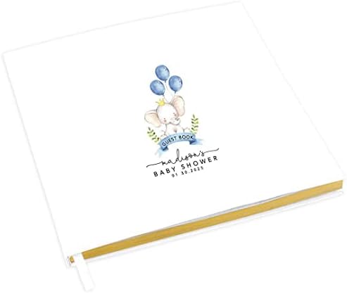 Andaz Press Personalized Baby Shower Guestbook with Gold Accents, Baby Elephant with Blue Balloons Custom, White Guest Sign In Registry 120 Pages 8.5 X 8.5 Memories Book for DIY Scrapbook, Photo Album by AndazPress