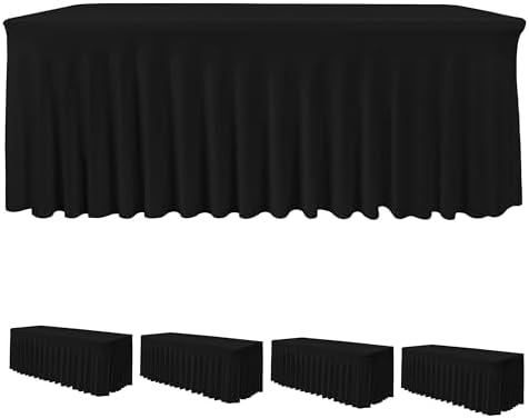 4 Pack Black Spandex Table Covers 4ft Rectangle Ruffle Skirts for Party by HolidayIdeas