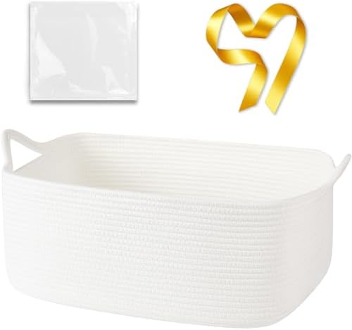 OIASKET Large Empty Cotton Rope Gift Basket with Handles, 18.9"x13.8"x7.8" Decorative Woven Storage Basket with Gift Bag and Ribbon Set for Baby Shower, Toy Organizer for Kids, Dogs & Cats - White by OIASKET