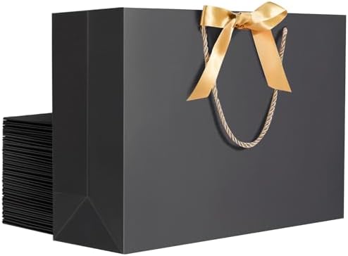 EUSOAR Large Gift Bags, 20pcs 16"x6"x12"Black Kraft Thank You Paper Bags with Bow Ribbon Handle, Gift Wrap Treat Bags Bulk for Wedding Baby Shower Birthday Bridesmaid Anniversary Holiday Party by EUSOAR