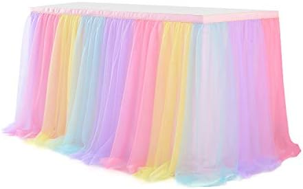 Rainbow Table Skirt for Baby Shower Girl Birthday Party 14ft Colorful Tulle Tutu Table Skirt Decorations for Gender Reveal Unicorn Theme Party Cake Dessert Decorations(L14(ft) H 30in, Rainbow) - Image 5