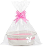 Gift Basket, Hamper Kit, Empty Hamper Basket with Cellophane Bags and Pull Bows, Rope Gift Baskets with Handles, Woven Gift Baskets for Baby Shower, Wedding, Birthday, Housewarming (White-pink) by Lotvic
