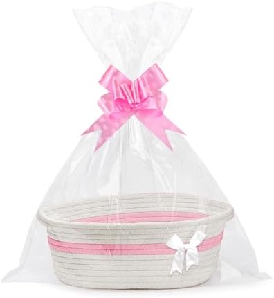 Gift Basket, Hamper Kit, Empty Hamper Basket with Cellophane Bags and Pull Bows, Rope Gift Baskets with Handles, Woven Gift Baskets for Baby Shower, Wedding, Birthday, Housewarming (White-pink) by Lotvic