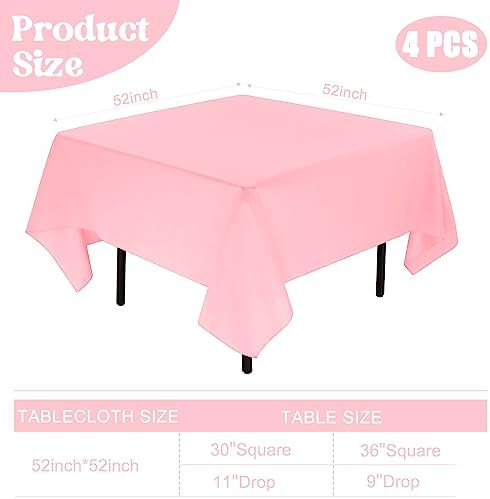 4 Pack Square Table Cloth 52x52 Inch Pink Tablecloth Machine Washable Fabric Polyester Table Cover for Dining, Buffet Parties, Picnic, Events, Weddings and Restaurants（Pink） - Image 2