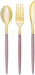 Luxe Party 128 Pieces Two Tone Plastic Disposable Cutlery | Forks-Spoons-Knives | Full Size | Chic Round | Mauve and Gold by LuxeParty