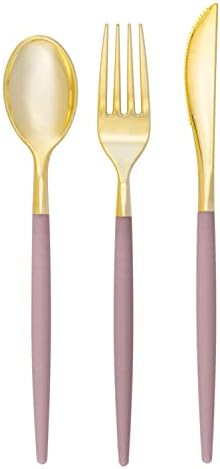 Luxe Party 128 Pieces Two Tone Plastic Disposable Cutlery | Forks-Spoons-Knives | Full Size | Chic Round | Mauve and Gold by LuxeParty