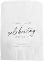Personalized Script Celebrating With Us Favor Bags / 50 Custom All Occasion Thank You Party Treat Favor Bags / 5 3/4" x 8" Flat Gratitude Candy Cookie Holder / Engagement Wedding Anniversary Appreciation Dessert Bag / Made In The USA by CanopyStreet