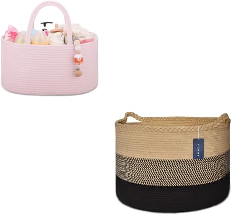 COMSE Baby Diaper Caddy and Large Laundry Basket, Large Blanket Baskets, Laundry Hampers, Cotton Rope Baskets, Toy Baskets, Clothes Baskets by COMSE
