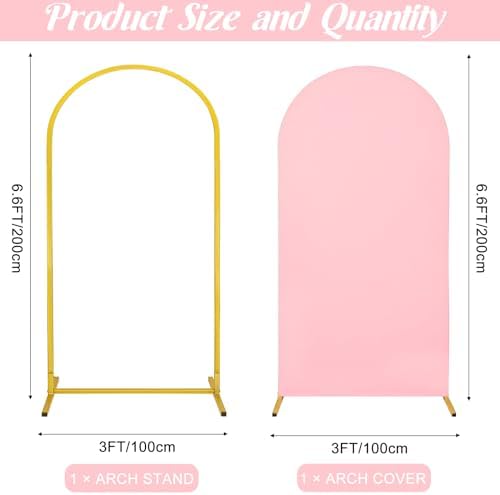 Metal Arch Stand and Cover Set,1 Pink Spandex Fitted Backdrop with 1 Gold Wedding Arched Stand Frame for Parties Birthday Baby Shower Bridal Banquet Decoration (6.6FT) - Image 2