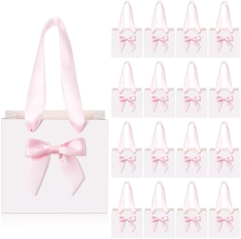 Kolldenn 50 Pcs Small Gift Bags Bulk with Bow Ribbon Handles, White Pink by Unknown