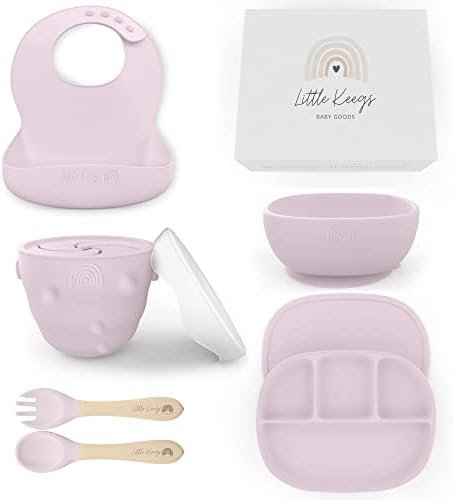 Baby Feeding Set - Baby Must Haves Gift Set - Baby Led Weaning Supplies - Toddler Silicone Dishes - Suction Baby Bowl, Bib, Snack Cup, Utensils, Baby Plate (Lilac) by Little+Keegs