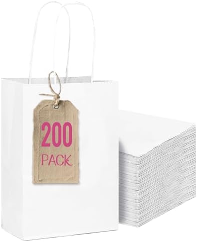 qiqee 200-Packs White Paper Gift Bags with Handles Bulk 4.5"x2.5"x6" Mini Size Paper Bags Multiple Uses by Qiqee