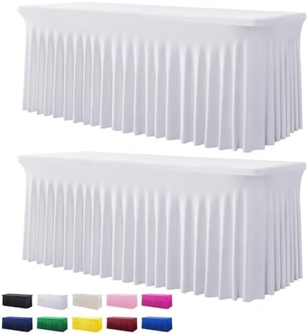 2 Pack White Spandex Table Clothes for 6 Foot Rectangle Tables, Wrinkle Free Fitted Table Cover 6ft Stretch Tablecloths Desk Skirt for Parties Weddings Birthday Banquet Baby Shower by Htper