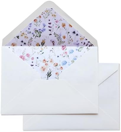 50PCS A7 Ivory Envelopes with Wildflower Floral Envelopes Liner by KUCHYNEE