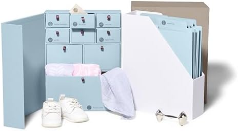 Savor I Baby Deluxe Box | Acid-Free Newborn Keepsake & Memory Organizer with 52 Labels, 9 Drawers, 8 File Folders | Gift for Pregnancy, Gift for Mom & Baby Shower, Blue, Adelaide Font by Savor