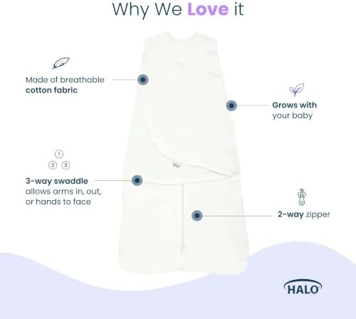 HALO 100% Cotton Sleepsack Swaddle, 3-Way Adjustable Wearable Blanket, TOG 1.5, Cream, Small, 3-6 Months - Image 4