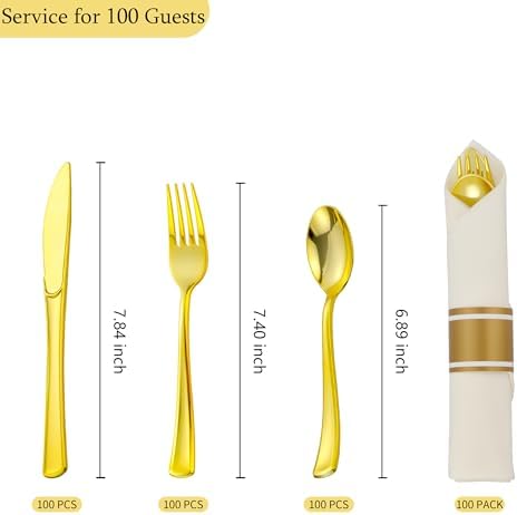 100 Pack Pre Rolled Gold Plastic Silverware Set with Napkins,Disposable Wrapped Heavy Duty Cutlery Set for Wedding Birthday Party-100 Forks,Knives,Spoons,Utensils Set,Plasticware Bulk - Image 3