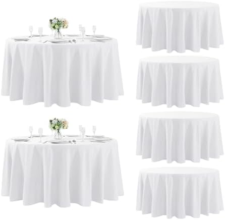 Fokitut 6 Pack Round Tablecloth, 120 Inch, Stain Resistant and Wrinkle Polyester Table Cloth, Fabric Table Cover for Kitchen Dining, Wedding, Party, Holiday Dinner-White by Fokitut
