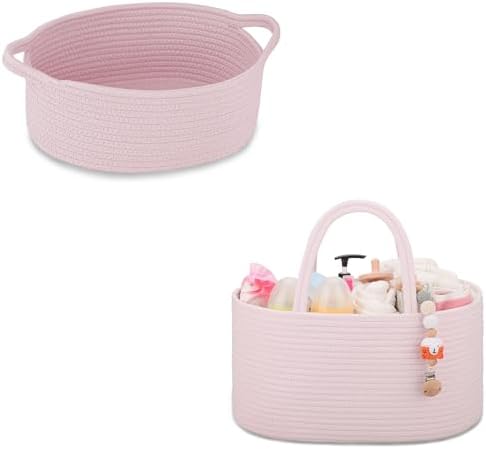 COMSE Small Woven Basket with Gift Bag and Ribbons, Gift Basket Empty, and Diaper Caddy Organizer, Diaper Basket, Baby Car Organizer by COMSE
