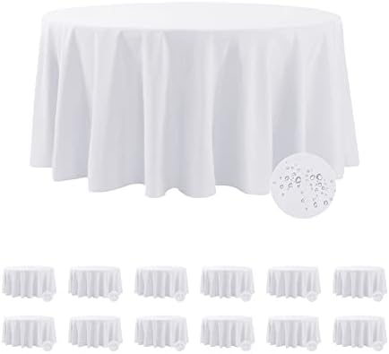 Fokitut 12 Pack Waterproof Round Tablecloth, 132 Inch, Stain Resistant and Wrinkle Polyester Table Cloth, Fabric Table Cover for Kitchen Dining, Wedding, Party, Holiday Dinner-White by BalsaCircle