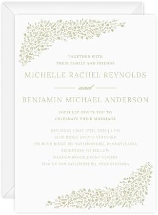 Personalized Dainty Sage Floral Invitations / 25 Custom Modern Pastel Greenery Flower Wedding Invites With White Envelopes / 5" x 7" Flat Botanical Anniversary Party Invites / Made In The USA by CanopyStreet