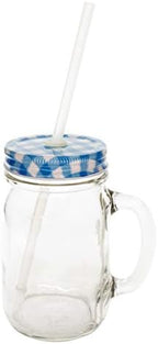 Sunshine Mason Co. Glass Mason Jar Drinking Mug set with handle, Blue Gingham lids and Clear Straws, Set of 6 - Image 2