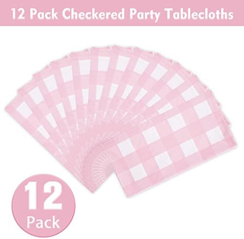 Kesfey 12 Packs Pink Gingham Tablecloth 54 x 108 Inches Pink and White Checkered Table Cloths Party Picnic Disposable Table Covers Splashproof Plastic Checkered Gingham Tablecover for Dinners Party - Image 2