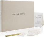 Real Linen Guest Book Set - 11.5 x 8.5 Embossed Guestbook for Weddings, Showers, Events, Blank & Lined, Comes with Sign, Pen, Box and Photo Sleeves, 120 Pages (Beige) by ModernAlbumDesigns