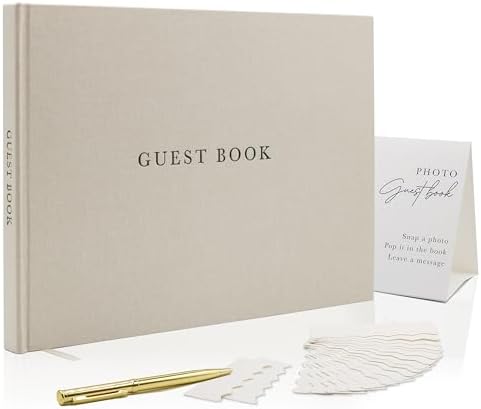 Real Linen Guest Book Set - 11.5 x 8.5 Embossed Guestbook for Weddings, Showers, Events, Blank & Lined, Comes with Sign, Pen, Box and Photo Sleeves, 120 Pages (Beige) by ModernAlbumDesigns