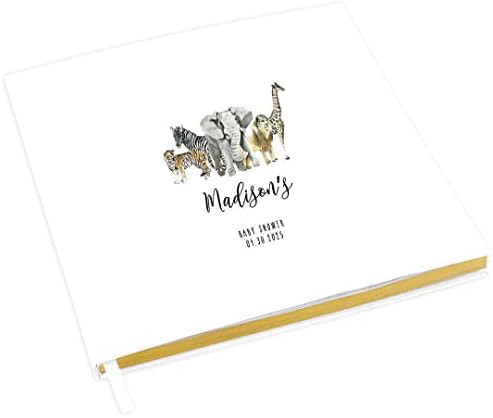 Andaz Press Personalized Baby Shower Guestbook with Gold Accents, Safari Animals Custom Name, Date, White Guest Sign in Registry 120 Pages 8.5 X 8.5 Memories Book for DIY, Scrapbook, Photo Album by AndazPress