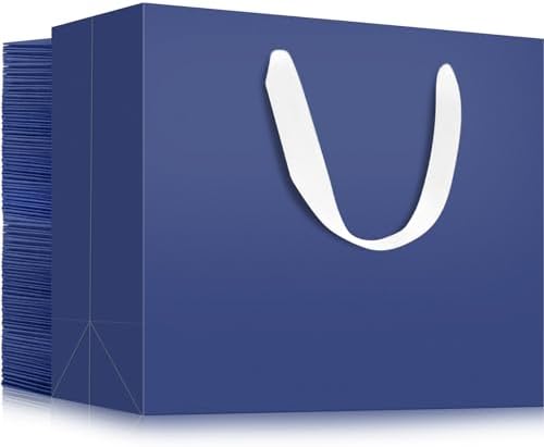 EUSOAR Blue Gift Bags - Bulk 50 Pack, 16x6x12 inches Heavy Duty Paper Shopping Bags with Handles for Business, Craft, Grocery, Boutique, Party Favor, Wedding by EUSOAR