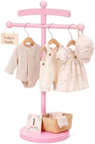 Marsui 1 Set Wooden Baby Clothes Display Stand with 3 Hangers Plaque, Pink by Marsui