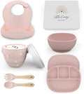 Baby Feeding Set - Baby Must Haves Gift Set - Baby Led Weaning Supplies - Toddler Silicone Dishes - Suction Baby Bowl, Bib, Snack Cup, Utensils, Baby Plate Set of 8 (Pink) by Little+Keegs