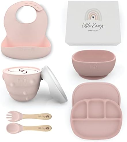 Baby Feeding Set - Baby Must Haves Gift Set - Baby Led Weaning Supplies - Toddler Silicone Dishes - Suction Baby Bowl, Bib, Snack Cup, Utensils, Baby Plate Set of 8 (Pink) by Little+Keegs
