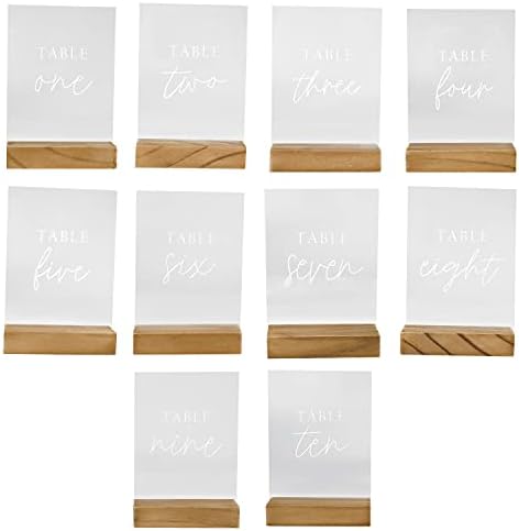 Hanna Roberts Modern Table Number Acrylic Signs with Wood Stand for Wedding Reception, Restaurant, Event Party, 3.9" x 1.5" x 5.8" (Set of 10, 1-10) by HannaRoberts