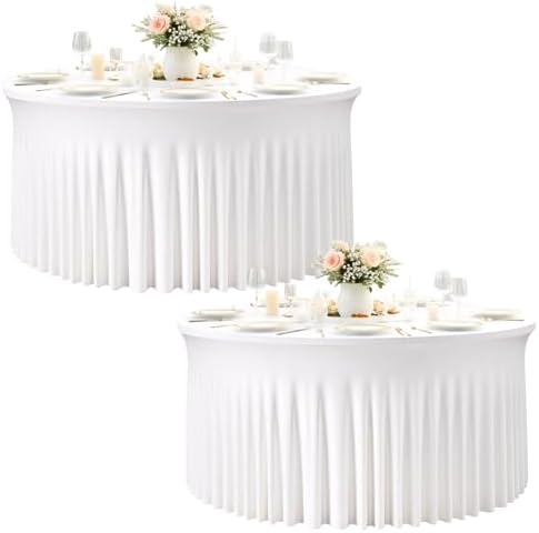 2 Pack White Round Tablecloths for 5 FT Round Tables, Stretchy Spandex Fitted Tables Cloth with Table Skirt, Wrinkle Free Table Cover Stitch Circle Tablecloth for Party Wedding Birthday Outdoor Event by Torrowsrort