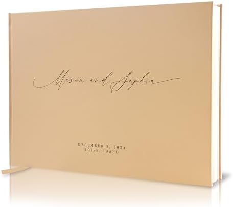 MUUJEE Personalized Guestbook in Tan - Premium Tan Leatherette Custom Modern Guest Book for Wedding Reception, Birthday Party or Events w/Bookmark Blank Pages for Signing, Large 11.5 x 8.5 inches by MUUJEE
