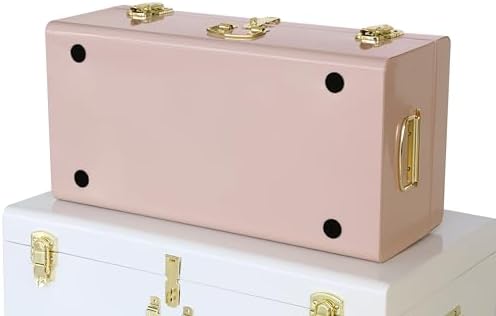 Vixdonos Metal Trunk Decorative Storage Box Set of 2 College Dorm Chest with Handle (Pink and White) - Image 3