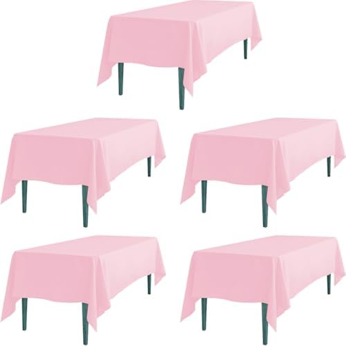 LTC LINENS 5 Pack Pink Rectangular Tablecloths 60 x 102 Inches for 6 Feet Rectangle Banquet Tables with Half-Drop - Stain and Wrinkle Resistant Polyester Cloth Table Covers for Party, Baby Shower by LTCLINENS