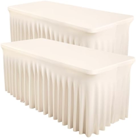 2 Packs Ivory Spandex Table Clothes for 6 Foot Rectangle Table, Spandex Table Covers 6FT Stretch Table Skirts Rectangle Tables Wrinkle Free Fitted Table Cover for Event, Wedding, Banquet & Parties by Shillance