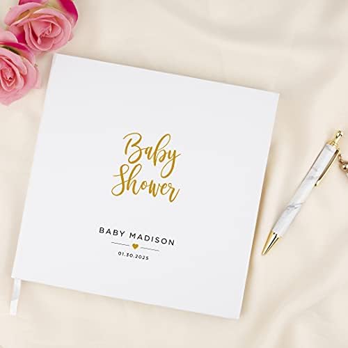 Andaz Press Personalized Baby Shower Guestbook with Gold Accents, Gold Heart Custom Name, Date, White Guest Sign in Registry 120 Pages 8.5 X 8.5 Memories Book for DIY, Scrapbook, Photo Album - Image 2