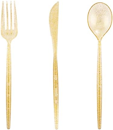 Supernal 180pcs Gold Glitter Plastic Silverware Set, Disposable Cutlery by supernal