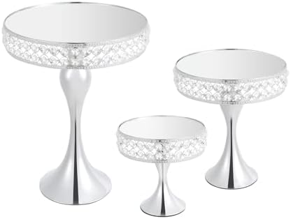 3pcs Round Mirror Cake Stands, Metal Cupcake Display Stand with Crystals, Dessert Pedestal Cupcakes Dessert Cheese Display Plates for Wedding Birthday Party for Baby Shower Home Decor - 15/11/8 Inch Tall (Silver) by ChooseFelievySmartChoice