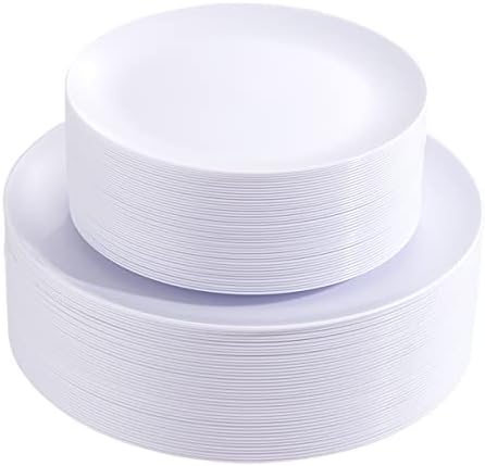 PULOTE 100PCS White Plastic Plates Disposable - Heavyweight 50 White Dinner & 50 Dessert/Salad Plates for Wedding, Party by PULOTEpartywareWesupplyproductsandyouenjoylife