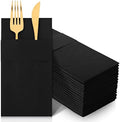 Cindeer 150 Pcs Black Linen Dinner Napkins with Built in Flatware by Cindeer
