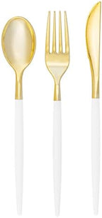 Luxe Party 128 Pieces Two Tone Plastic Disposable Cutlery | Forks-Spoons-Knives | Full Size | Chic Round | White and Gold by LuxeParty