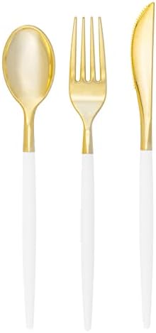Luxe Party 128 Pieces Two Tone Plastic Disposable Cutlery | Forks-Spoons-Knives | Full Size | Chic Round | White and Gold by LuxeParty